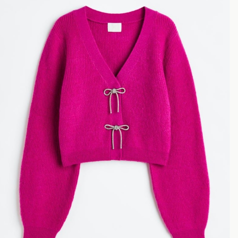 Pink rhinestone bow rib-knit cardigan - size small